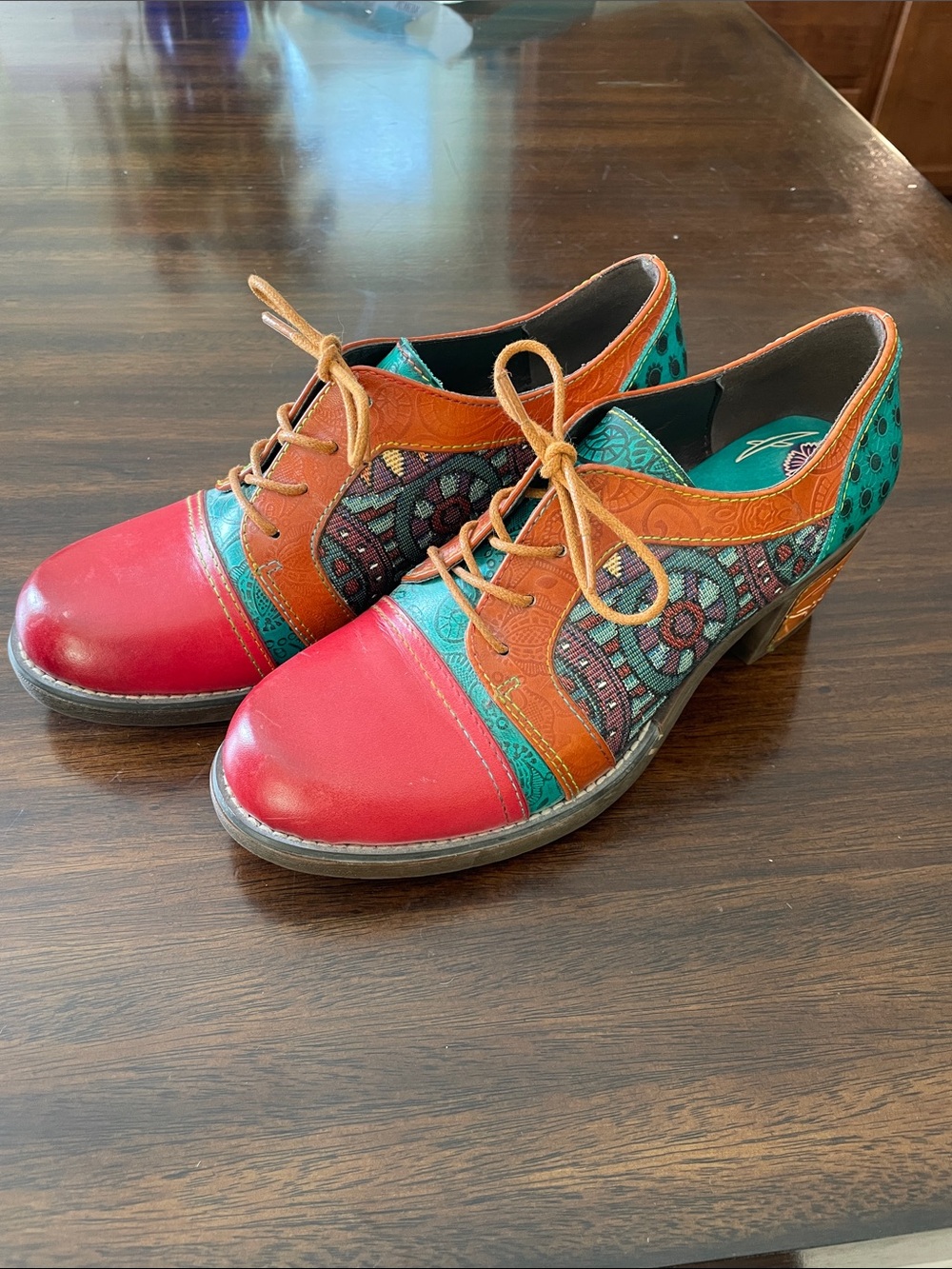 Red Leather Socofy Oxford Block Heel Size 38 (7.5 US)